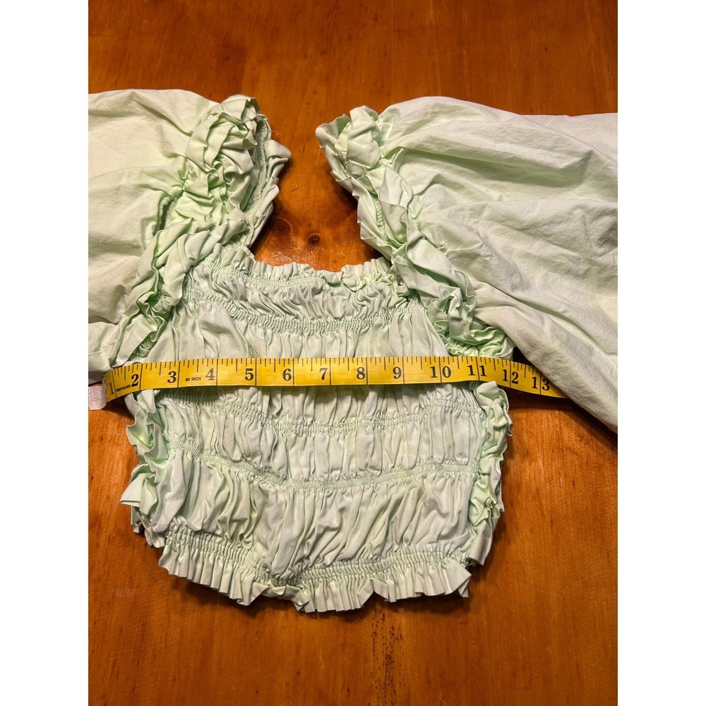 Zara Womens Smocked Puff Sleeve Crop Top Mint Green Ruffle Square Neck XS - Picture 8 of 9